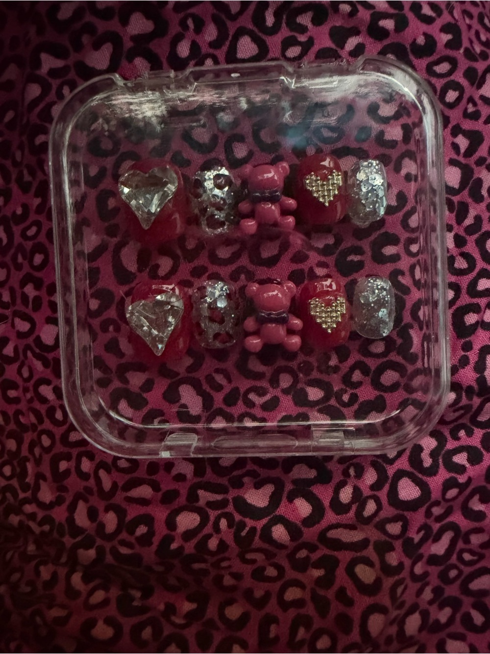 Pink Heart & Teddy Bear Acrylic Nail Set with Silver Glitter Accents
